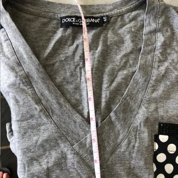 DOLCE & GABBANA V Neck Stud Polka Dot Pocket Gray Cotton Short Sleeve Te… - Picture 15 of 17